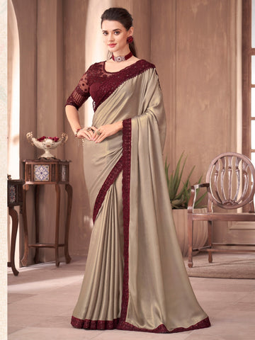 Buy Brown color soft lichi silk saree at fealdeal.com